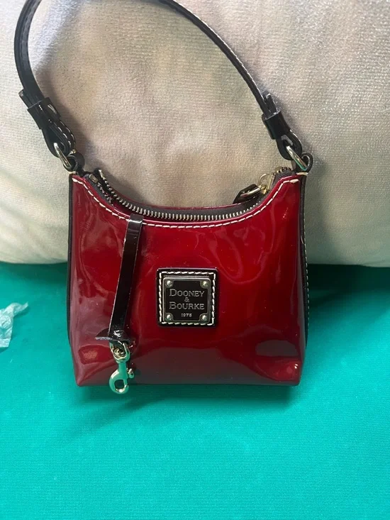 Dooney & Bourke Red Patent Leather Mini Hobo Bag | White Contrast Stitch EUC - Picture 6 of 8
